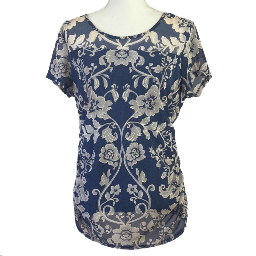 INC Floral Print Navy and Beige Top Size L - Picture 2 of 6